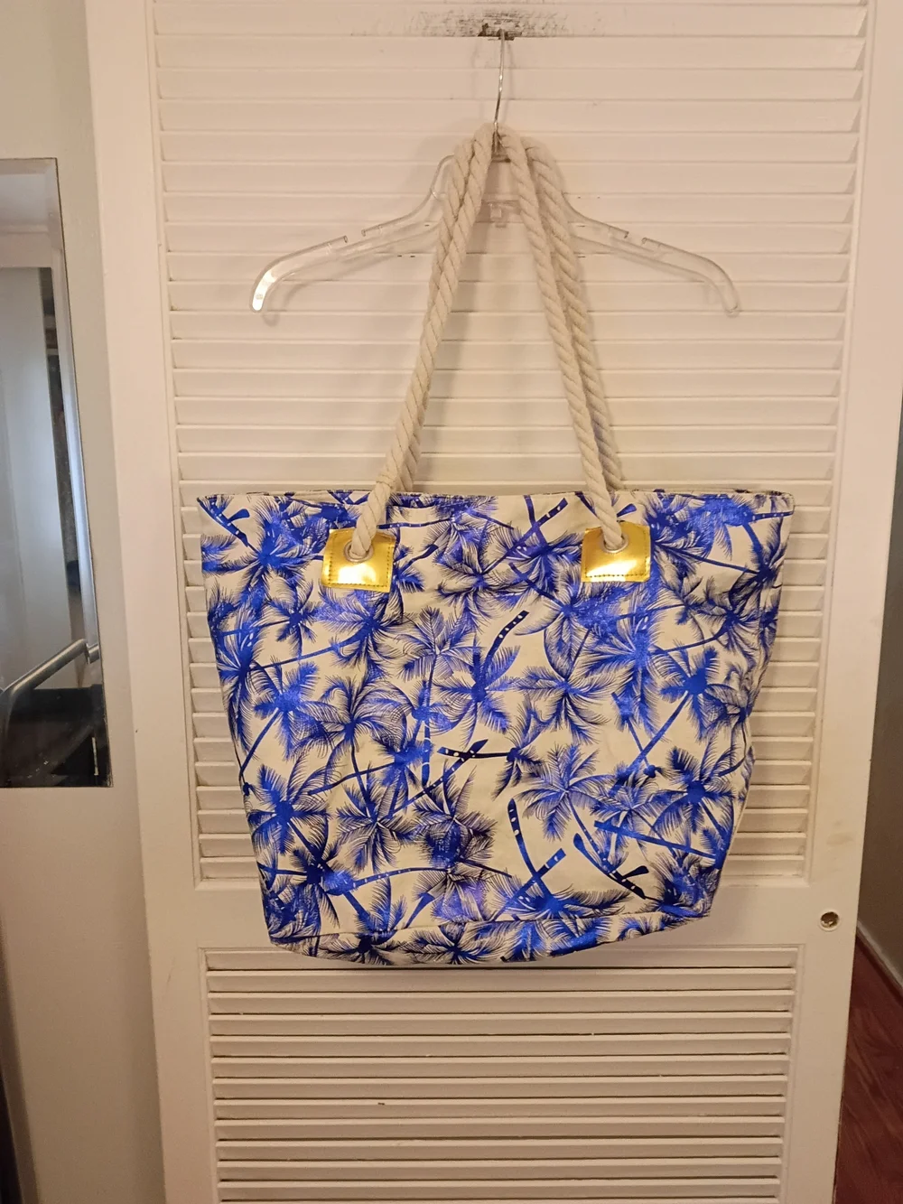 Puerto Plata Blue Palm-Print Beach Tote with Matching Pouch